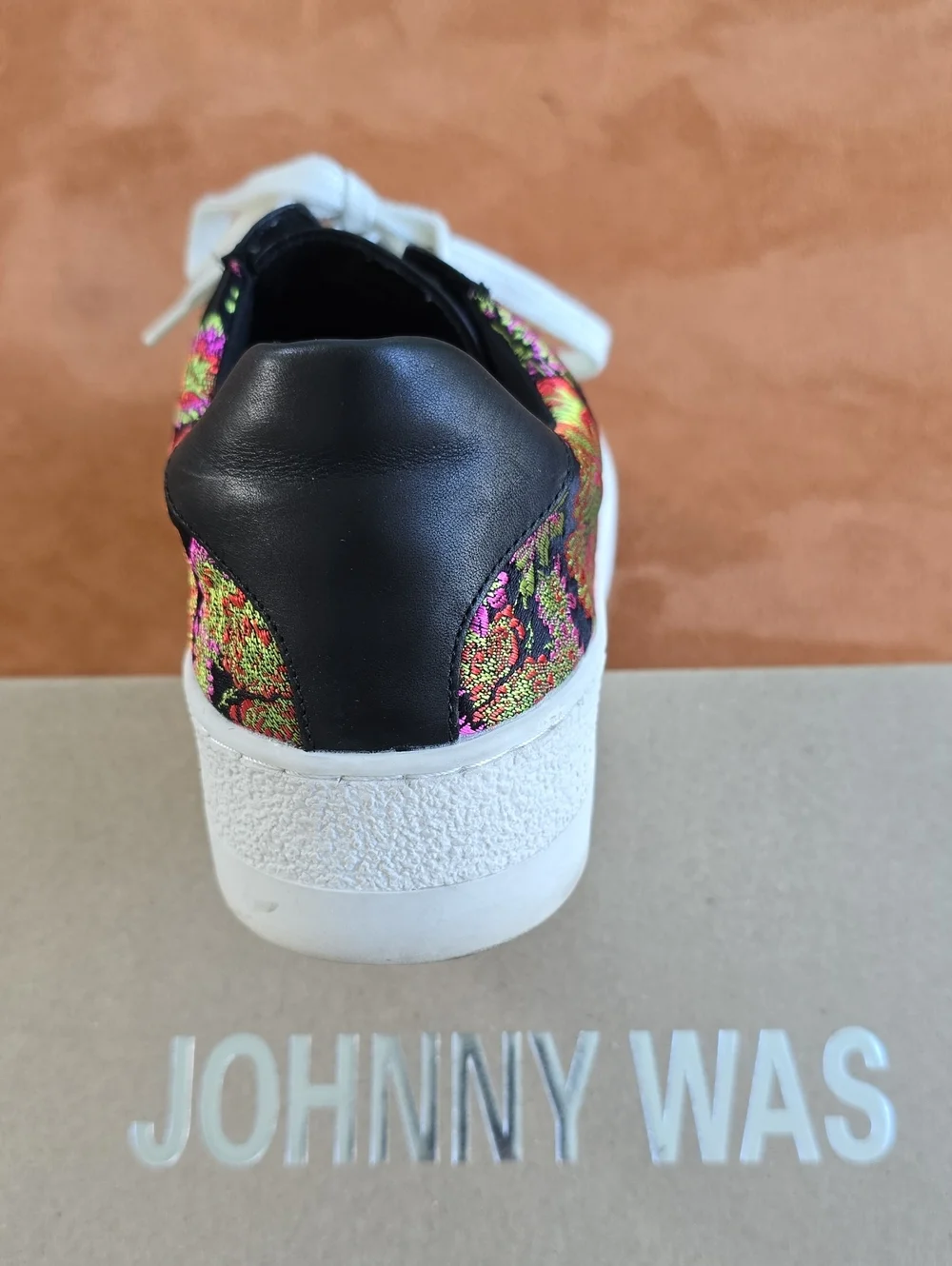 Johnny Was Black Floral Lace-Up Sneakers with Neon Yellow-Green Stripe